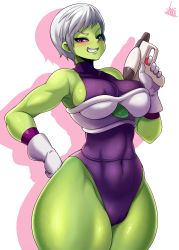 Rule 34 | 1girl, absurdres, artist name, bare shoulders, blush, breasts, cameltoe, cheelai, cleft of venus, covered navel, curvy, dragon ball, dragon ball super, dragon ball super broly, gloves, green-tinted eyewear, gun, hand on own hip, highleg, highleg leotard, highres, holding, holding gun, holding weapon, jmg, large breasts, leotard, looking at viewer, purple eyes, scouter, shiny skin, short hair, silver hair, skin tight, smile, solo, thick thighs, thighs, tinted eyewear, weapon, white background, white gloves, wide hips