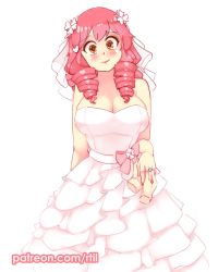 Rule 34 | 1girl, bare arms, bare shoulders, blush, breasts, bridal veil, bride, commentary, disembodied limb, dress, drill hair, english commentary, hair ornament, hairclip, heart, heart hair ornament, holding hands, jewelry, katawa shoujo, large breasts, long dress, long hair, looking at viewer, mikado shiina, orange eyes, ornate ring, patreon username, pov, pov hands, quad drills, ring, rtil, simple background, smile, solo focus, strapless, strapless dress, veil, wedding dress, wedding ring, white background, white dress