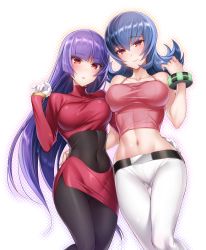 Rule 34 | 2girls, arm around waist, belt, black bodysuit, bodysuit, breast press, breasts, cleavage, covered navel, creatures (company), dress, dual persona, game freak, gluteal fold, gym leader, hand on another&#039;s hip, hizuki akira, long hair, looking at viewer, midriff, multiple girls, navel, nintendo, outline, pants, pantyhose, pokemon, pokemon frlg, pokemon hgss, purple hair, sabrina (pokemon), simple background, smile, thigh gap, tight clothes, tight dress, tight pants, very long hair
