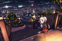 Rule 34 | 1girl, black pantyhose, blonde hair, blue eyes, blush, boots, breath, city, cityscape, from behind, heart, highres, lamppost, long sleeves, looking back, morerin, night, night sky, original, outdoors, overalls, pantyhose, plaid, scarf, scenery, shadow, sitting, sitting on stairs, sky, solo, stairs, tree, twintails, v, valentine