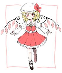 Rule 34 | 1girl, black footwear, blonde hair, blush stickers, bobby socks, bow, fang, fang out, flandre scarlet, full body, hat, hat bow, highres, long sleeves, medium hair, mob cap, one side up, oninamako, red bow, red eyes, red nails, red skirt, red vest, shirt, shoes, skirt, slit pupils, smile, socks, solo, touhou, vest, white background, white hat, white shirt, white socks, wings