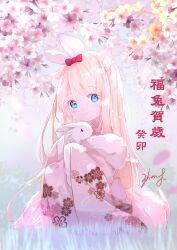 Rule 34 | 1girl, absurdres, animal, animal ear fluff, animal ears, animal hug, blonde hair, blue eyes, blush, chinese zodiac, closed mouth, floral print, flower, highres, japanese clothes, kimono, long hair, long sleeves, looking at viewer, original, peas (peas0125), pink kimono, print kimono, rabbit, rabbit ears, sleeves past fingers, sleeves past wrists, smile, solo, tail, translation request, very long hair, white flower, wide sleeves, year of the rabbit, yellow flower