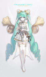 Rule 34 | 1girl, absurdres, aqua hair, artist name, blue eyes, blue pupils, boots, brown ribbon, character name, closed mouth, commentary request, drill hair, earpiece, footwear cutout, full body, garter straps, gold trim, hatsune miku, headphones, highres, holding, holding instrument, instrument, instrument request, long hair, long sleeves, looking at viewer, neck ribbon, ribbon, shirt, skirt, solo, soyoong jun, swept bangs, thigh boots, trumpet, tuba, twintails, very long hair, vocaloid, white footwear, white shirt, white skirt