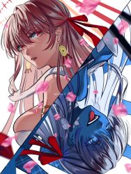 Rule 34 | 2girls, animal, animal on shoulder, blue skin, breasts, cherry blossoms, colored skin, dual persona, durga (fate), earrings, fate/grand order, fate (series), gilozy king 2d, grey hair, hair ribbon, highres, jewelry, kali (fate), large breasts, multiple girls, open mouth, parted lips, petals, red eyes, ribbon, smile, snake, tongue, tongue out, twitter username