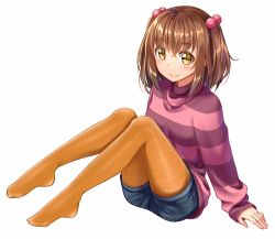 Rule 34 | 1girl, ashida machi, blue shorts, blush, brown hair, closed mouth, commentary request, denim, denim shorts, full body, gurande (g-size), hair bobbles, hair ornament, long sleeves, looking at viewer, no shoes, orange pantyhose, original, pantyhose, purple sweater, short shorts, shorts, simple background, sitting, smile, solo, sweater, two side up, white background, yellow eyes