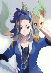 Rule 34 | 1boy, adaman (pokemon), arm wrap, blue coat, blue hair, brown eyes, closed mouth, coat, collar, collarbone, commentary request, creatures (company), earrings, eyebrow cut, eyeshadow, game freak, gen 4 pokemon, green hair, hand up, haru (haruxxe), highres, jewelry, leafeon, looking at viewer, makeup, male focus, multicolored hair, nintendo, pokemon, pokemon (creature), pokemon legends: arceus, smile, split mouth