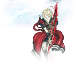 Rule 34 | 1boy, amano yoshitaka, blonde hair, blue eyes, boots, cloud, final fantasy, final fantasy brave exvius, highres, male focus, official art, rain (ff be), simple background, solo, sword, weapon, white background