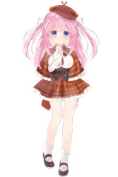 1girl, :o, ame usari, bangs, black footwear, blue eyes, blush, breasts, brown capelet, brown headwear, brown skirt, cabbie hat, capelet, commentary request, eyebrows visible through hair, frilled capelet, frilled skirt, frills, full body, hair ribbon, hand up, hat, highres, long hair, long sleeves, looking at viewer, medium breasts, original, parted lips, pink hair, plaid, plaid capelet, plaid headwear, plaid skirt, pleated skirt, puffy long sleeves, puffy sleeves, ribbon, shirt, shoes, simple background, skirt, sleeves past wrists, socks, solo, standing, two side up, underbust, white background, white legwear, white ribbon, white shirt