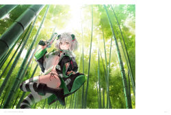 Rule 34 | 1girl, bamboo, bamboo forest, blush, boots, bra, breasts, brown eyes, closed mouth, day, dsmile, dual wielding, fingernails, forest, fur trim, grey hair, hair ornament, highres, holding, holding weapon, jacket, knee boots, leg up, lips, long sleeves, looking at viewer, medium breasts, nail polish, nature, open clothes, original, outdoors, page number, panties, see-through, shiny skin, side-tie panties, simple background, smile, solo, striped clothes, striped thighhighs, thighhighs, thighs, trigger discipline, underwear, weapon
