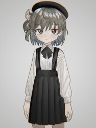 Rule 34 | 1girl, absurdres, arms at sides, bad id, bad twitter id, beret, black hat, black ribbon, brown eyes, brown hair, chromatic aberration, closed mouth, colored inner hair, dress shirt, expressionless, flower, grey background, grey hair, hair flower, hair ornament, hat, hatoba tsugu, highres, inactive account, light blush, long sleeves, looking at viewer, multicolored hair, neck ribbon, numamomi, pleated skirt, ribbon, rose, shirt, shirt tucked in, short hair, simple background, single hair ring, skirt, solo, standing, suspender skirt, suspenders, tsugu (vtuber), virtual youtuber, white flower, white rose, white shirt