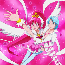 Rule 34 | 10s, 1boy, 1girl, :d, aino megumi, arm up, bad id, bad pixiv id, bishounen, blue (happinesscharge precure!), blue eyes, blue hair, brooch, carrying, cure lovely, full body, happinesscharge precure!, heart, heart brooch, highres, jewelry, lipstick mark, long hair, magical girl, mont blanc (heartcatch ayaya), open mouth, pants, pantyhose, pink background, pink eyes, pink hair, pink skirt, ponytail, precure, princess carry, shirt, skirt, smile, super happiness lovely, tiara, white pantyhose, wide ponytail, wrist cuffs
