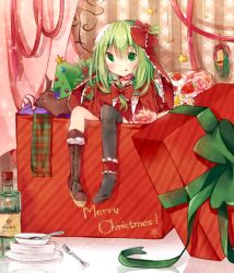 Rule 34 | 1girl, :p, ankle garter, bell, black thighhighs, blush, boots, bottle, bow, box, brown footwear, candy, candy cane, choker, christmas, christmas tree, cross-laced footwear, curtains, dress, female focus, flower, food, fork, front ponytail, fruit, gift, gift box, green eyes, green hair, hair ornament, hair ribbon, holly, holly hair ornament, in box, in container, kagiyama hina, licking lips, looking at viewer, matching hair/eyes, merry christmas, pink flower, pink rose, plaid, plaid scarf, plate, red dress, reindeer, ribbon, ribbon choker, rose, saucer, scarf, shoes, single boot, single shoe, single thighhigh, sitting, snowflake print, solo, spoon, star (symbol), strawberry, streamers, tamagogayu1998, thighhighs, tongue, tongue out, touhou, wallpaper (object), wreath