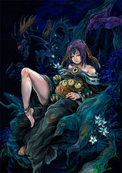 Rule 34 | 1girl, anklet, bare shoulders, barefoot, black dress, chaos emperor dragon - envoy of the end, chinchira, closed mouth, dragon, dress, duel monster, closed eyes, flower, jewelry, long hair, monster, off-shoulder dress, off shoulder, purple hair, sangan, smile, third eye, tree, witch of the black forest, yata-garasu (yu-gi-oh!), yu-gi-oh!