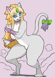 Rule 34 | 1girl, absurdres, animal feet, animal nose, black sclera, blonde hair, blue eyes, bow, breasts, bridal gauntlets, choker, colored sclera, forehead jewel, full body, fur-tipped tail, furry, furry female, highres, implied transformation, isabella (seiken densetsu 3), long hair, medium breasts, nikujuu uc, nude, riesz, seiken densetsu, seiken densetsu 3, simple background, surprised, tail, tail bow, tail ornament, thick thighs, thighs, white fur