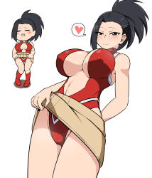 Rule 34 | 1girl, black eyes, black hair, blush, boku no hero academia, breasts, cameltoe, cleavage, fire breath01, heart, huge breasts, large breasts, leotard, long hair, naughty face, ponytail, smile, solo, thighs, white background, yaoyorozu momo