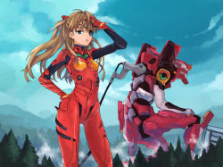 Rule 34 | 10s, 1girl, bad id, bad pixiv id, blue eyes, blue sky, brown hair, cable, cloud, cowboy shot, day, eva 02, evangelion: 3.0 you can (not) redo, eyepatch, forest, hair between eyes, hair ornament, hand on own head, hand on own hip, hip focus, kno1, legs apart, long hair, mecha, mountainous horizon, nature, neon genesis evangelion, on one knee, outdoors, plugsuit, rebuild of evangelion, robot, ruffling hair, sky, smoke, solo, souryuu asuka langley, standing, tongue, tongue out, tree, two side up