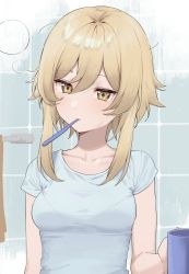 Rule 34 | 1girl, alternate costume, bathroom, blonde hair, blue shirt, blush, bra visible through clothes, breasts, brushing teeth, closed mouth, commentary, cup, genshin impact, hair between eyes, highres, holding, holding cup, long hair, lumine (genshin impact), medium breasts, mouth hold, shirt, short sleeves, sidelocks, sleepy, solo, syhan, t-shirt, tile wall, tiles, toothbrush, towel rack, upper body, yellow eyes