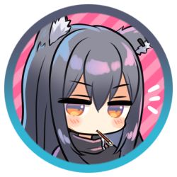 Rule 34 | 1girl, animal ear fluff, animal ears, arknights, bad id, bad pixiv id, black capelet, black hair, blush stickers, capelet, chibi, closed mouth, diagonal stripes, ear piercing, food, food in mouth, hair between eyes, long hair, looking at viewer, lowres, mashiro miru, mouth hold, notice lines, orange eyes, piercing, pocky, solo, striped, striped background, texas (arknights), v-shaped eyebrows