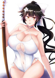 Rule 34 | 1girl, azur lane, black hair, breasts, brown eyes, collarbone, curvy, female focus, hair ornament, hair ribbon, highres, huge breasts, ibara azuki, katana, long hair, looking at viewer, navel, one-piece swimsuit, ponytail, ribbon, see-through, simple background, solo, standing, swimsuit, sword, takao (azur lane), weapon, white one-piece swimsuit, wide hips