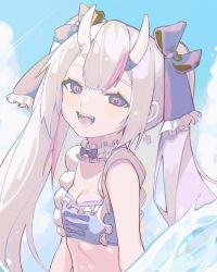 Rule 34 | 1girl, absurdres, bandaged horn, bandages, bare shoulders, blue bow, blue eyes, blush, bow, breasts, bright pupils, choker, cleavage, cloud, cloudy sky, contrail, earrings, frilled bow, frilled choker, frilled swimsuit, frills, grey hair, highres, hololive, horns, jewelry, long hair, multicolored eyes, multicolored hair, nakiri ayame, oni, outdoors, pink eyes, pink hair, purple bow, scar, seashell, shell, shell earrings, signature, skin-covered horns, skindentation, sky, small breasts, solo, streaked hair, swimsuit, syu45, twintails, upper body, virtual youtuber, water, white pupils