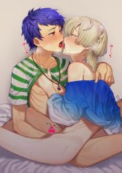 Rule 34 | 2boys, bad id, bad twitter id, blouse, blue hair, blush, bottomless, clothes lift, eye contact, french kiss, ichijou shin, jewelry, king of prism by prettyrhythm, kisaragi louis, kiss, looking at another, male focus, multiple boys, mutual masturbation, necklace, nipples, penis, pretty rhythm, pretty series, red eyes, shirt, shirt lift, simple background, striped clothes, striped shirt, yaoi, yellow eyes