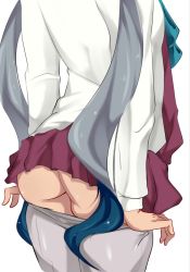 Rule 34 | 10s, 1girl, a-m, ass, bad id, bad pixiv id, clothes pull, from behind, grey hair, grey pantyhose, kantai collection, kiyoshimo (kancolle), long hair, no panties, out of frame, pantyhose, pantyhose pull, pulled by self, solo, white pantyhose