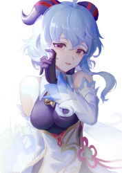 Rule 34 | 1girl, ahoge, bare shoulders, bell, black gloves, blue hair, breasts, detached sleeves, ganyu (genshin impact), genshin impact, gloves, gold trim, highres, horns, long hair, looking at viewer, medium breasts, neck bell, open mouth, purple eyes, sidelocks, smile, solo, tears, upper body, vision (genshin impact), white background, white sleeves, wiping tears, yal (lily910218)