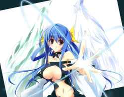 Rule 34 | 1girl, arc system works, asymmetrical wings, blue hair, bow, breasts, choker, cleavage, cleavage cutout, clothing cutout, dizzy (guilty gear), guilty gear, guilty gear x, guilty gear xx, hair bow, long hair, midriff, nt50, red eyes, ribbon, solo, tail, wings