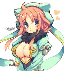 Rule 34 | 1girl, blush, breasts, brown hair, character request, cleavage, dated, green hood, heart, iroyopon, large breasts, long hair, looking at viewer, original, paw print, purple eyes, signature, smile, solo