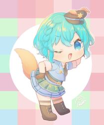 Rule 34 | 1girl, ;d, animal ears, arm up, blue eyes, blue hair, blue jacket, blue skirt, boots, braid, brown footwear, brown gloves, chibi, commentary request, dog ears, dog tail, dorothy west, full body, gloves, hand on own hip, hat, idol clothes, jacket, leaning forward, looking at viewer, mini hat, one eye closed, open mouth, peaked cap, police, police uniform, pretty series, pripara, rin (ikura meshi), short hair, side braid, skirt, smile, solo, standing, tail, uniform