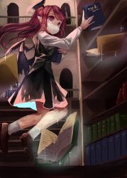 Rule 34 | 1girl, absurdres, bat wings, black skirt, black vest, book, book stack, bookshelf, brown footwear, flying, from side, full body, head wings, highres, holding, holding book, ijen (ljenejl), indoors, koakuma, library, long hair, long sleeves, looking at viewer, looking to the side, open book, pointy ears, red eyes, red hair, shirt, shoes, skirt, socks, solo, touhou, vest, voile, white shirt, white socks, wings