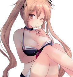 Rule 34 | 1girl, arm under breasts, bikini, black bikini, blonde hair, breasts, brown eyes, choker, cleavage, collarbone, commentary request, finger to mouth, hair between eyes, hair ribbon, highres, hirune (konekonelkk), kantai collection, knees up, long hair, looking at viewer, medium breasts, murasame (kancolle), one eye closed, ribbon, sidelocks, simple background, solo, swimsuit, twintails, white background
