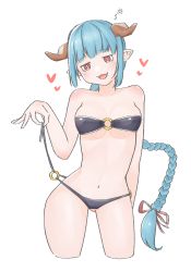 Rule 34 | 1girl, :3, alternate breast size, aqua hair, arm at side, bare arms, bare shoulders, bikini, blunt bangs, breasts, bright pupils, brown horns, commentary request, contrapposto, cropped legs, granblue fantasy, head tilt, heart, highres, horns, long braid, long hair, looking at viewer, lowleg, lowleg bikini, mibushido (milking), navel, no nose, o-ring, o-ring top, open mouth, pointy ears, pulling own clothes, ramretta, red eyes, shoulder blush, side-tie bikini bottom, simple background, solo, standing, strap pull, swimsuit, very long hair, white background, white pupils