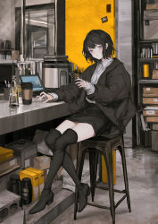 Rule 34 | 1girl, absurdres, black footwear, black hair, black jacket, black skirt, boots, bottle, box, chair, closed mouth, coffee cup, collared shirt, computer, cup, disposable cup, earphones, expressionless, flask, highres, holding, holding pen, indoors, jacket, jar, laptop, lavender quartz, lm7 (op-center), long sleeves, looking at viewer, open clothes, open jacket, pen, pencil skirt, puffy sleeves, purple eyes, reflection, shelf, shirt, short hair, sidelocks, sitting, skirt, sleeves past wrists, solo, stool, table, thigh boots, thighhighs, white shirt, wireless earphones, zettai ryouiki