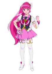 Rule 34 | 1girl, absurdres, aino megumi, boots, closed mouth, commentary request, cure lovely, full body, hand on own hip, happinesscharge precure!, high heel boots, high heels, high ponytail, highres, long hair, looking at viewer, magical girl, ojipon, pink eyes, pink hair, precure, puffy short sleeves, puffy sleeves, short sleeves, simple background, skirt, smile, solo, thigh boots, very long hair, white background, white footwear, white skirt