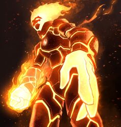 Rule 34 | 1boy, absurdres, alien, arms at sides, ben 10, brown background, embers, facing to the side, feet out of frame, fewer digits, fiery hair, fire, flaming hand, foreshortening, from below, from side, glowing, heatblast, highres, hollow body, legs apart, male focus, open hand, solo, standing, thirdphp