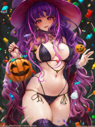 Rule 34 | 1girl, bikini, black bikini, blush, breasts, candy, cleavage, condom, condom packet strip, condom wrapper, food, halloween, halloween costume, hat, holding, holding candy, holding food, holding lollipop, jack-o&#039;-lantern, large breasts, lollipop, long hair, looking at viewer, mina cream, multiple condoms, navel, open mouth, original, pumpkin, smile, solo, string bikini, swimsuit, thick thighs, thighhighs, thighs, witch hat