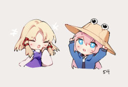 Rule 34 | 2girls, arknights, blonde hair, blue eyes, blue jacket, blue poison (arknights), blush, brown headwear, chibi, closed eyes, collared shirt, commentary, cropped torso, grey background, hair between eyes, hair ribbon, hat, jacket, laughing, long hair, low twintails, moriya suwako, multiple girls, open clothes, open jacket, open mouth, pink hair, red ribbon, ribbon, ruri (dailybloopy), shirt, sidelocks, simple background, sun hat, touhou, twintails, upper body, white shirt