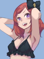 Rule 34 | &gt;:d, 10s, 1girl, :d, armpits, arms behind head, arms up, bikini, blue background, blush, bow, breasts, frilled bikini, frilled bow, frills, hair bow, love live!, love live! school idol project, medium breasts, nishikino maki, open mouth, purple eyes, red hair, short hair, smile, solo, sparkling eyes, susinoyama, swimsuit, upper body, v-shaped eyebrows