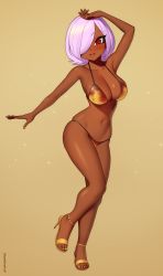 Rule 34 | 1girl, :d, arm up, artist name, bikini, blush, borrowed character, breasts, commentary, commission, dark-skinned female, dark skin, english commentary, full body, groin, hair over one eye, halterneck, high heels, highres, kuroonehalf, large breasts, light purple hair, looking at viewer, medium hair, nail polish, navel, one eye covered, open mouth, original, red eyes, simple background, smile, solo, sparkle, string bikini, swimsuit, toenail polish, toenails, yellow background, yellow nails