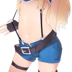 Rule 34 | 13o, 1girl, arm behind back, bad id, bad pixiv id, black gloves, blonde hair, blue nails, blue shorts, close-up, cowboy shot, fingerless gloves, fingernails, gloves, himehina channel, long hair, nail polish, navel, open fly, panties, short shorts, shorts, simple background, solo, stomach, suspender shorts, suspenders, suspenders pull, suzuki hina, thigh strap, underwear, virtual youtuber, white background, white panties