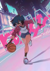 Rule 34 | 1girl, :d, animal ears, animal nose, ball, bare legs, basketball, basketball (object), black hair, blue hair, body fur, brand new animal, brown eyes, building, city, claws, copyright name, dutch angle, full body, furry, furry female, highres, jacket, kagemori michiru, kobu ride, looking at viewer, making-of available, multicolored hair, night, no socks, open clothes, open jacket, open mouth, outdoors, playing sports, raccoon girl, road, running, shoe soles, shoes, short hair, short shorts, shorts, skyscraper, sleeves pushed up, smile, sneakers, solo, street, track jacket, two-tone hair