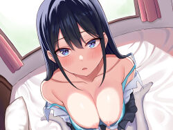 Rule 34 | 1girl, bed, bedroom, black hair, black skirt, blue bra, blue eyes, blush, bra, breasts, collarbone, curtains, fisheye, from above, hair between eyes, highres, lace, lace-trimmed bra, lace trim, looking at viewer, medium breasts, nagiha kuten, nipples, non-web source, on bed, open clothes, open mouth, open shirt, original, pleated skirt, school uniform, shirt, sitting, skirt, solo, thighhighs, underwear, wariza, white shirt, white thighhighs, window