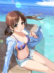 Rule 34 | 1girl, bikini, bikini under clothes, blue bikini, blue sky, blush, breasts, brown eyes, brown hair, cleavage, cloud, cloudy sky, collarbone, commentary request, day, denim, denim shorts, floral print, food, from above, highres, holding, holding food, hood, hoodie, horizon, idolmaster, idolmaster cinderella girls, long hair, looking at viewer, medium breasts, natsuya (natuya777), navel, nitta minami, ocean, open clothes, open fly, open hoodie, open shorts, outdoors, ponytail, popsicle, short shorts, shorts, sitting, sky, smile, solo, swimsuit, tongue, tongue out, unbuttoned, water