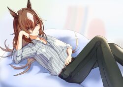 Rule 34 | 1girl, animal ears, bed, belt, black pants, breasts, brown belt, brown hair, closed mouth, collared shirt, commentary request, ear ornament, grey shirt, hair between eyes, highres, horse ears, horse girl, jewelry, knees up, long hair, looking at viewer, medium breasts, multicolored hair, necklace, official alternate costume, on bed, orusun, pants, partially unbuttoned, red eyes, shirt, sirius symboli (umamusume), sitting, sleeves rolled up, smile, solo, streaked hair, striped clothes, striped shirt, umamusume, v-shaped eyebrows, vertical-striped clothes, vertical-striped shirt, very long hair, white hair, white shirt