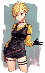 Rule 34 | 1girl, absurdres, antenna hair, black choker, black gloves, black shorts, black sweater vest, blonde hair, breasts, choker, collarbone, commentary request, cowboy shot, cropped legs, earrings, gem, gloves, highres, jewelry, long sleeves, looking at viewer, medium breasts, original, red eyes, reiga (act000), shirt, short hair, short shorts, shorts, smile, solo, sweater vest, thigh strap, yellow shirt