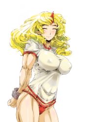 Rule 34 | 1girl, abs, alternate costume, bad id, bad pixiv id, blonde hair, bracelet, breasts, chikuwa (tks), covered erect nipples, closed eyes, female focus, fundoshi, gym uniform, horns, hoshiguma yuugi, impossible clothes, impossible shirt, japanese clothes, jewelry, large breasts, long hair, muscular, muscular female, no pants, panties, pointy ears, shirt, short sleeves, single horn, smile, solo, t-shirt, thong, touhou, underwear