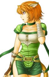 Rule 34 | 1girl, animal ears, bandages, bell, belt, bracer, breasts, cat ears, cat tail, choker, collarbone, facial mark, fire emblem, fire emblem: path of radiance, fire emblem: radiant dawn, gloves, lethe (fire emblem), looking to the side, medium breasts, nintendo, o-ring, o-ring belt, orange hair, purple eyes, short hair, shorts, side slit, simple background, solo, soyo2106, tail