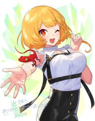Rule 34 | 1girl, :d, black skirt, blonde hair, blush, bracelet, braid, breasts, buttons, chorefuji, collarbone, commentary request, eyelashes, frills, hand up, high-waist skirt, indie virtual youtuber, jewelry, lizard, looking at viewer, one eye closed, open mouth, red eyes, shirt, skirt, sleeveless, sleeveless shirt, smile, strap, tongue, translation request, virtual youtuber, white shirt, yellow pupils