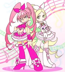 Rule 34 | 2girls, bad id, bad pixiv id, beamed quavers, boots, bow, choker, cure melody, cure rhythm, dress, houjou hibiki, hummy (suite precure), knee boots, magical girl, midriff, minamino kanade, multiple girls, musical note, navel, panty &amp; stocking with garterbelt, parody, pink bow, precure, quaver, show-nosuke, staff (music), style parody, suite precure, thighhighs, twintails, white choker